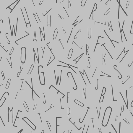 Seamless pattern from scattered and inverted letters. Gray background, Narrow letters, handwritten fontのイラスト素材