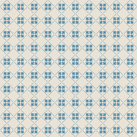 Abstract seamless pattern of geometric shapes. Squares, rhombuses and lines. Light yellow and blue. Tiled retro backgroundのイラスト素材