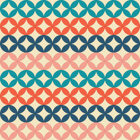 Seamless retro pattern. Intersecting circles. Multicolored geometric shapes. Duplicate background. Orange, blue, coral and marineのイラスト素材