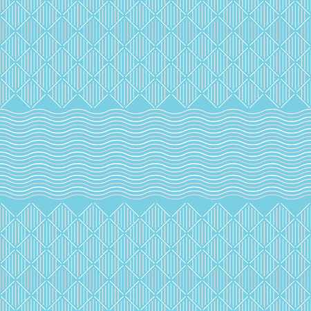 Seamless pattern. Vertical and diagonal lines, squares and waves. Pastel scale. Blue, white and light gray in color. Georetic backgroundのイラスト素材