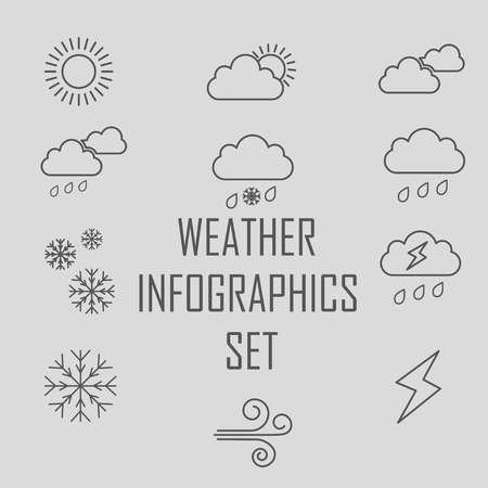 Set of flat icons showing weather phenomena. 11 gray icons.  Cloud, rain, sun, lightning, snow, windのイラスト素材