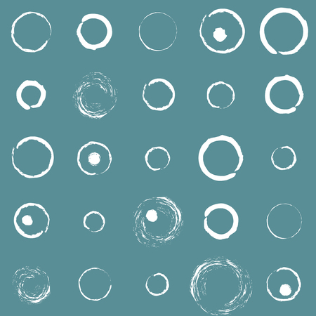 Monochrome seamless pattern. Blue background and white circles drawn in chalk. Repeating abstract pattern. Circles of different diameterのイラスト素材