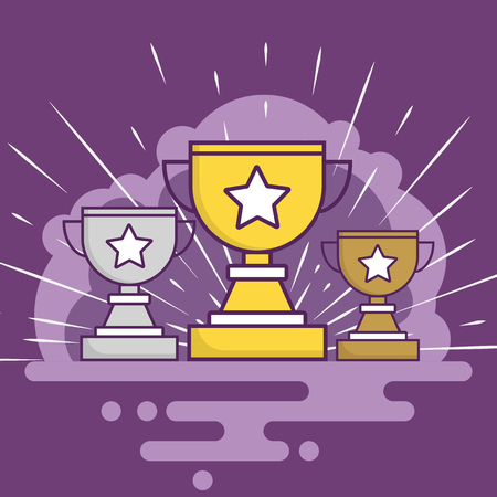 Three goblets in flat style. Golden, silver and bronze. Radiance on purple background. Star on every cup. Success, victory, achievement. Purple clouds of smoke on backgroundのイラスト素材