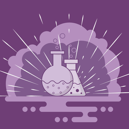 Blue flask and retort with chemical fluid. Bubbles come out. Flat style. Purple background with clouds of smoke and white shiningのイラスト素材
