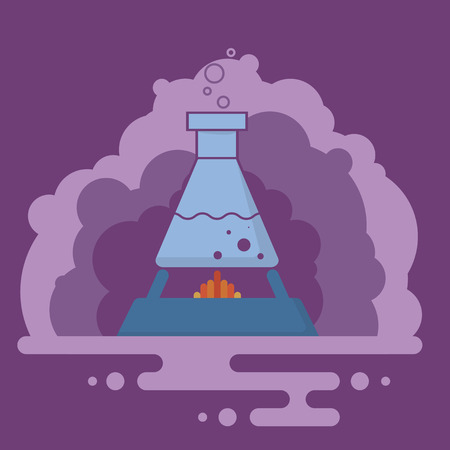 Blue flask and retort with chemical fluid. Bubbles come out. Flat style. Purple background with clouds of smokeのイラスト素材