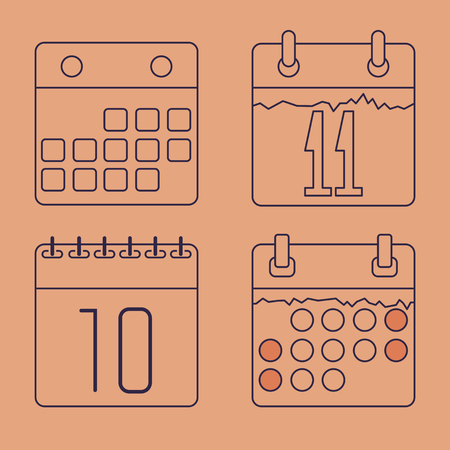 A set of simple calendars. Month, date. 4 different calendars. Dark blue lines on a warm orange background.のイラスト素材