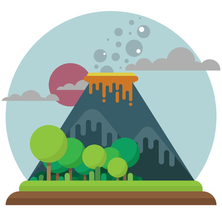 An active volcano and two extinct. Beautiful green forest in the foreground. White round frame. Setting sun. Smoke and ash fly out of a volcano vent. Flat groundのイラスト素材