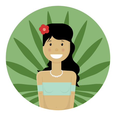Nice girl with a flower in her hair. Flat style. Beads on the neck. A smile on her face. Black hair. Good character. Travels. Hawaii, Asia.のイラスト素材