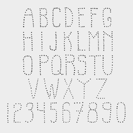 Alphabet. Capital letters and numbers drawn by dots. Dotted font. Simple handwritten letters. Black on a white background. The dots are small, slightly crooked. The letters are jagged.のイラスト素材