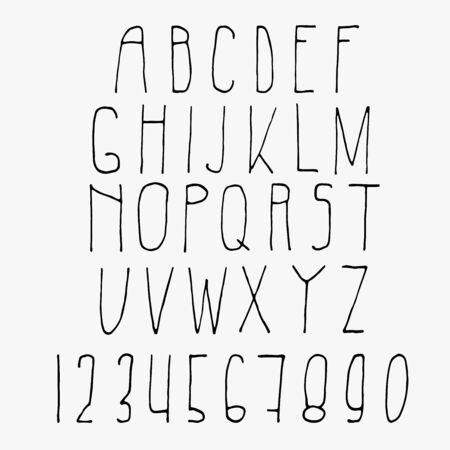 Handwritten tall font. Only capital letters and numbers. Latin Sans serif. Perfect for lettering, greeting cards and signage. A little crooked ridiculous letters. As if written by the hand of a child.のイラスト素材