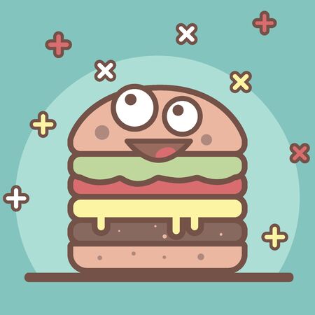 Tasty, juicy and hot cheeseburger. Smiling and big-eyed. Cartoon burger with muted colors and bold outlines. Flat style. Light turquoise background. Brown strokeのイラスト素材