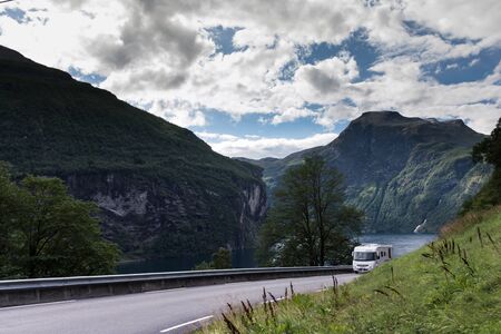 RV on a mountain road, in Norwayの写真素材