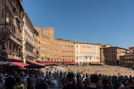 Siena, Italy - September 30 2018: View of the bricked Plaza del Campo square, in Sienaのeditorial素材
