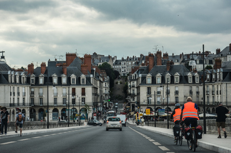 Blois, France - July 21 2016: Jacques Gabriel bridge in Blois, on a cloudy eveningのeditorial素材