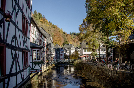 Monschau, Germany - October 30 2016: Half timbered buildings on the side of Rur river, in the center of Monschauのeditorial素材