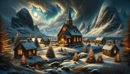 Fantasy winter landscape with wooden church. 3d render illustration.の素材