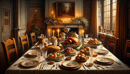 Christmas table with turkey, apples, croissants and other foodの素材