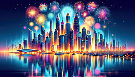 Cityscape with fireworks and reflection on the water - New Year Illustrationの素材