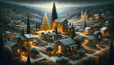 Fantasy winter landscape with Christmas tree and village houses. Digital painting.の素材
