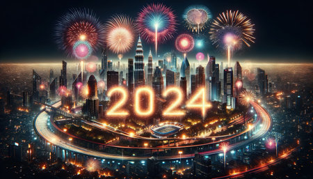 New year 2024 Celebration concept with cityscape and fireworks - AI Generated Illustrationの素材