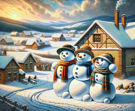Snowman family in winter village at sunset. 3D illustration.の素材