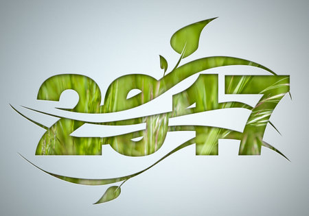 Digital illustration new 2017 ecology year with greenery leaves shadow background vignetting