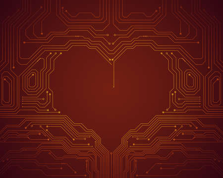 Red background conceptual image of digital chip heart symbolの写真素材
