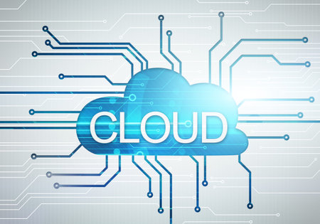 Abstract digital concept cloud image with word on circuit microchip background