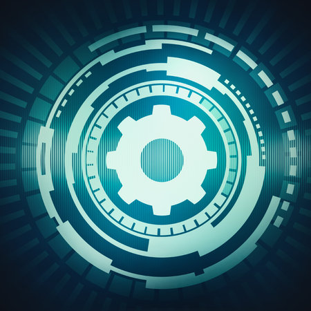 Abstract digital concept touch screen circle interface with gear icon on circuit techno background. For branding, graphic design, wallpaper.の写真素材