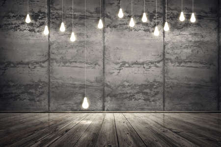 Interior room with dirty concrete cement wall and wooden plank floor. Lightbulbs on seams wall. Underground showroom. 3d rendering illustrationの写真素材