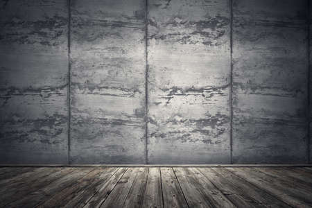 Interior room with dirty concrete cement wall and wooden plank floor. Underground showroom. 3d rendering illustrationの写真素材