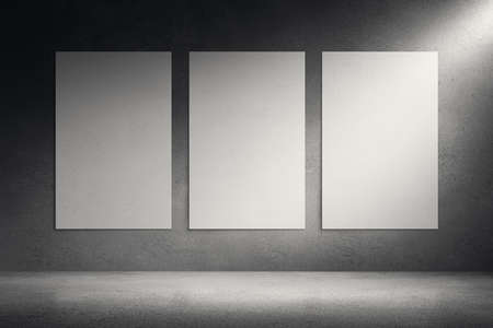 Art gallery room. Blank picture canvas frames on grunge wall background. Concrete floor with reflection. 3d rendering illustration.の写真素材