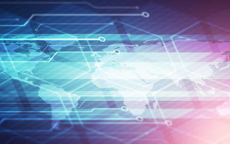 World map technology chip blue background with inclined stripes and color spot lightの写真素材