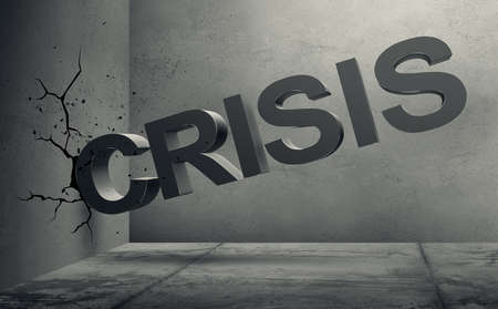 3d illustration of volumetric crisis word letters crush into the concrete wall in corner of the room. Cracks on the wall. Concrete interior 3d rendering.の写真素材