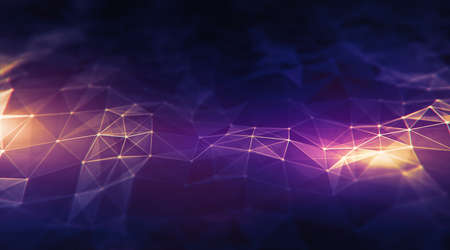 Abstract dark purple polygonal terrain relief low poly background in stereo effect. Connecting dots and lines in triangle polygonal structure. Network, crystal cell.の写真素材