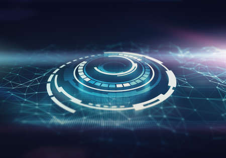 Futuristic space round interface with abstract low poly background. Dark blue close up with purple color spot. Network, crystall cel.の写真素材