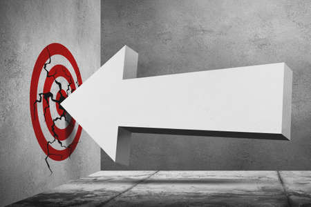3d volumetric arrow crush into the red target on the concrete wall in corner of the room. Cracks on the wall. Banner, place for text on center. Concrete interior 3d rendering.の写真素材