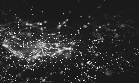 Abstract black white background with connected dots close up. Science concept illustration of...