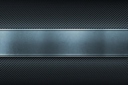 Colored perforated metal plate with polished metal plate banner, place for text in center, material design for background, wallpaper, graphic designの写真素材
