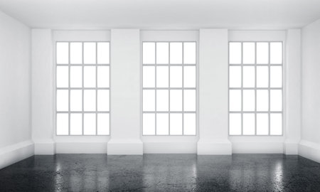 3d rendering illustration of big white room interior with three french windows and dark concrete...