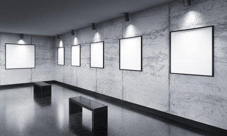 Modern concrete gallery room with banches. Product artwork exhibition mock up. 3d rendering illustrationの写真素材