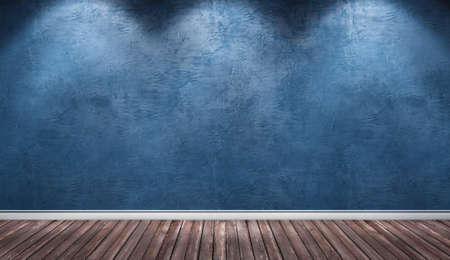 Blue plaster wall, wooden floor interior room.の写真素材