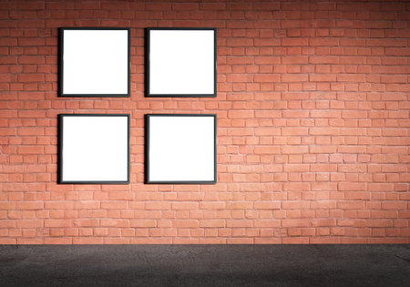 Blank white paper poster in black frame at red brick wall and concrete floor. Grungy interior,...
