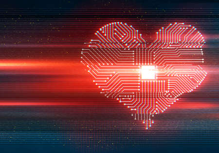 Abstract illustration of distorted display screen. Heart shaped cpu processor. Glitch effect background. Conceptual technology greeting card.の写真素材