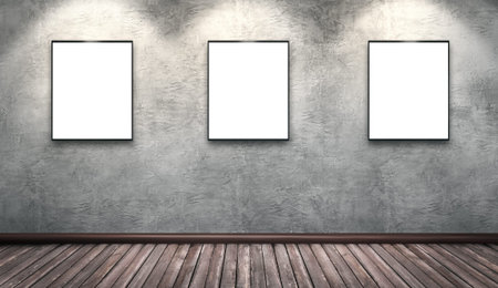 Modern concrete gallery room with wooden floor, directional spotlight and artwork frames. Product artwork exhibition mock up. White isolated art frames. 3d rendering illustrationの写真素材