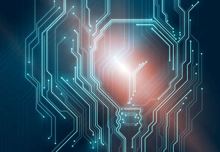 Background conceptual image of digital chip lightbulb on blue circuit mesh with orange flare spot. Bright technology ideaの写真素材