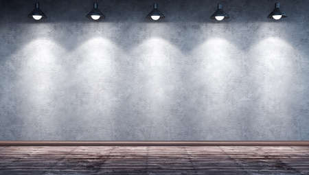 Interior room with dirty concrete cement wall, wooden floor and plinth. Underground showroom with five hanging metal lamps. 3d rendering illustrationの写真素材