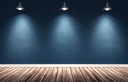 3d rendering illustration of big modern room with blue painted concrete wall, wooden floor and white...