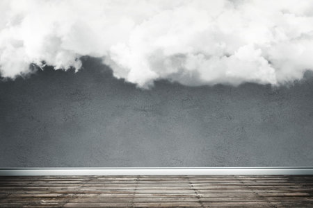 Concept illustration of empty light room with big fluffy cloud inside. Concrete wall with wooden...