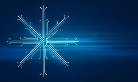 Abstract digital illustration of microchip board on snowflake shape on blue background. Technology concept image. Happy new year and merry christmas card.の写真素材